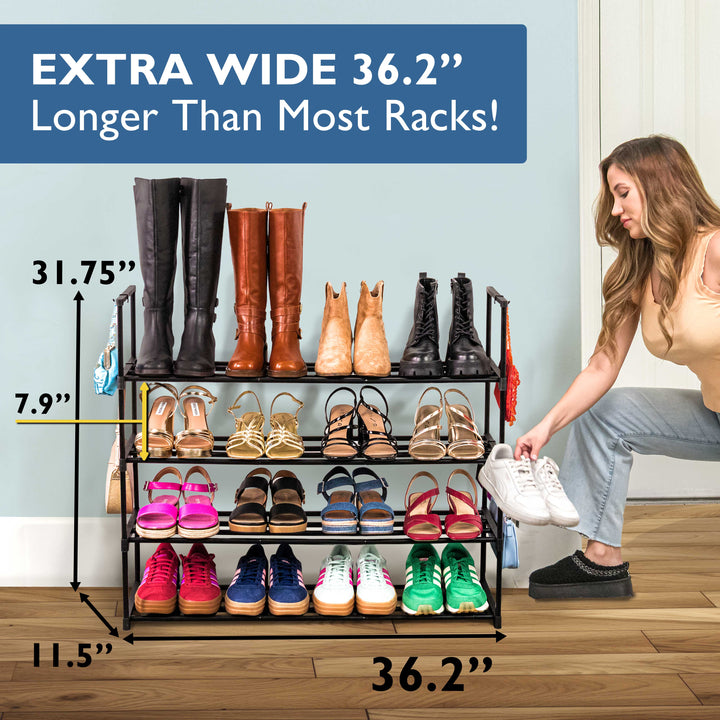 4 Tier, 36" Wide Metal Shoe Rack for Front Door Entrance, Sturdy Long Shoe Organizer for Closet, Bedroom, Entryway, Garage, Black Metal Shoe Shelf, Holds Up to 20 Pairs