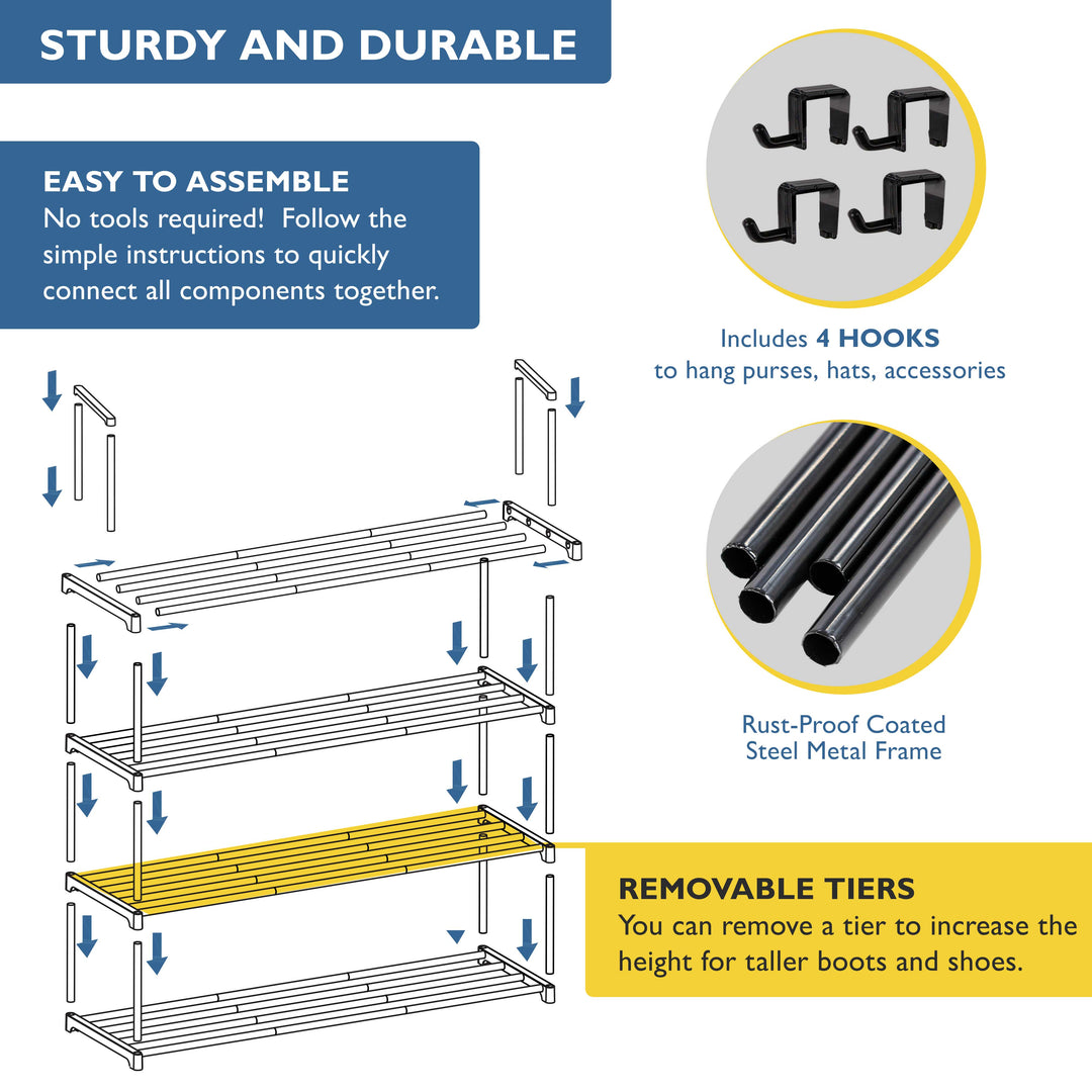 4 Tier, 36" Wide Metal Shoe Rack for Front Door Entrance, Sturdy Long Shoe Organizer for Closet, Bedroom, Entryway, Garage, Black Metal Shoe Shelf, Holds Up to 20 Pairs