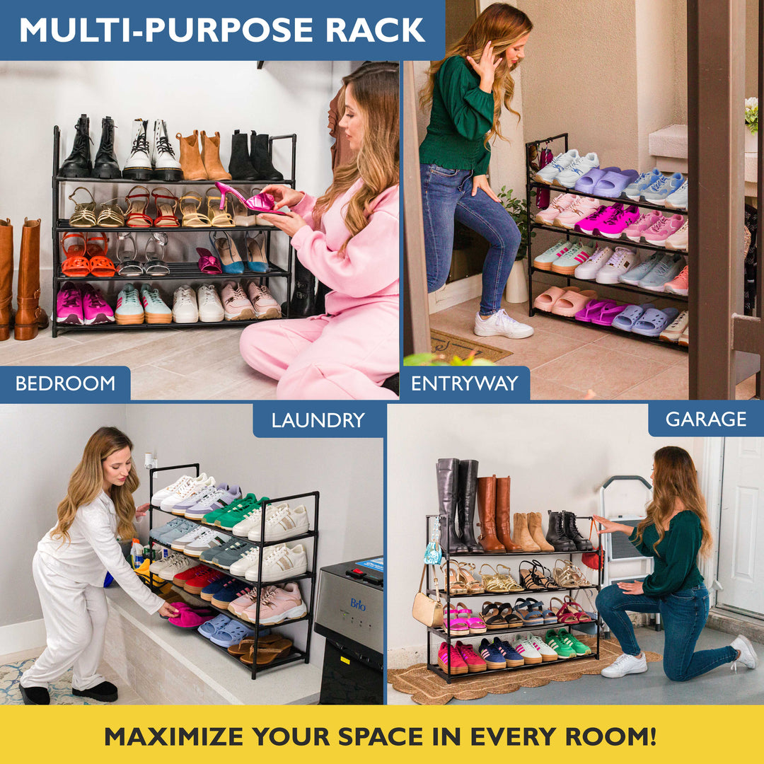 4 Tier, 36" Wide Metal Shoe Rack for Front Door Entrance, Sturdy Long Shoe Organizer for Closet, Bedroom, Entryway, Garage, Black Metal Shoe Shelf, Holds Up to 20 Pairs
