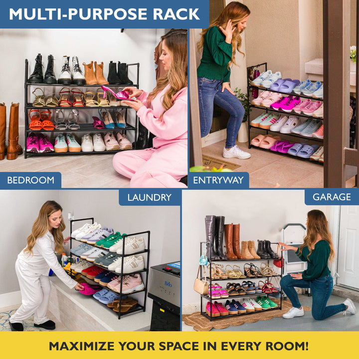 4 Tier, 36" Wide Metal Shoe Rack for Front Door Entrance, Sturdy Long Shoe Organizer for Closet, Bedroom, Entryway, Garage, Black Metal Shoe Shelf, Holds Up to 20 Pairs