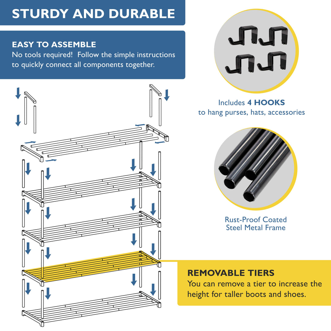 5 Tier, 36" Wide Metal Shoe Rack for Front Door Entrance, Sturdy Long Shoe Organizer for Closet, Bedroom, Entryway, Garage, Black Metal Shoe Shelf, Holds Up to 25 Pairs