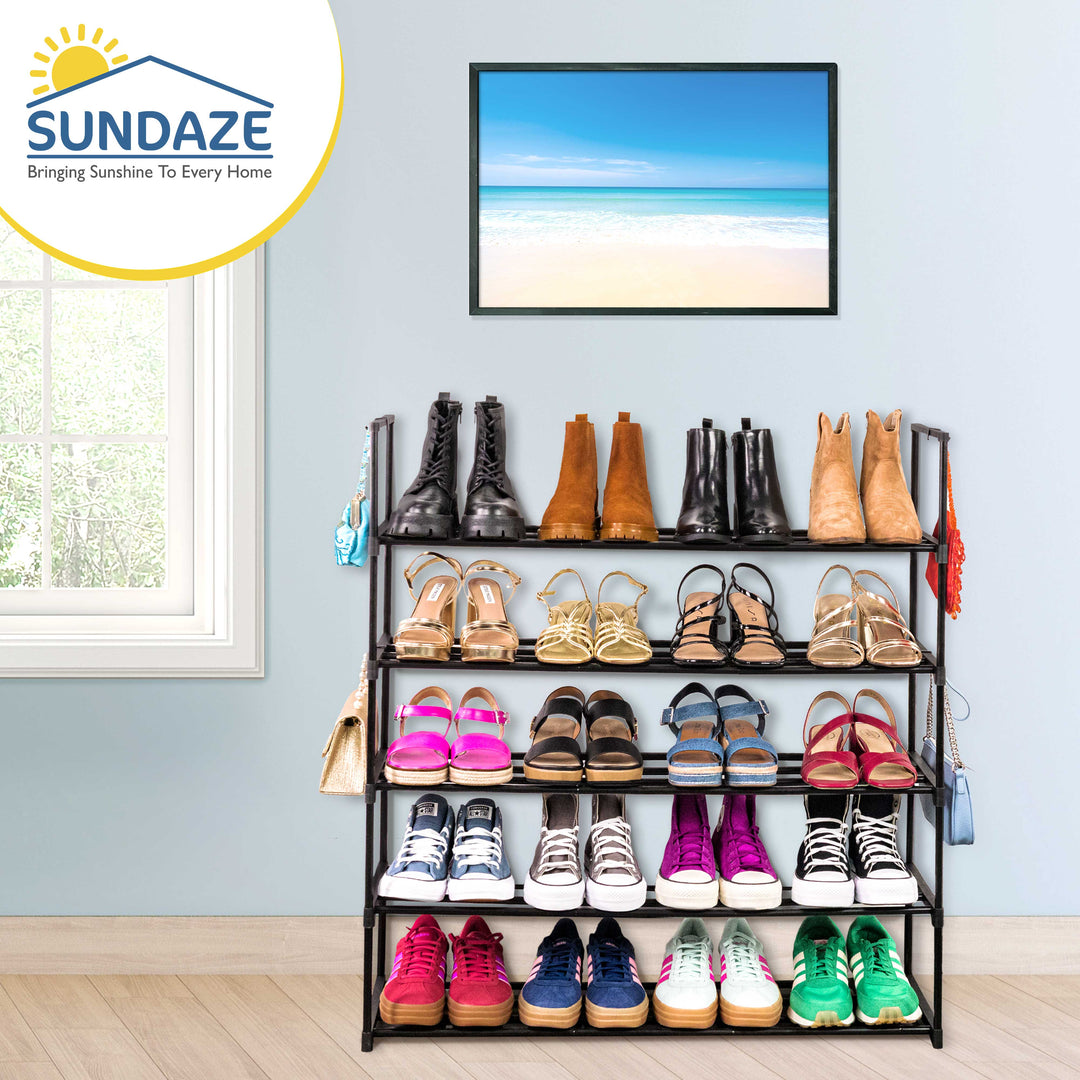 5 Tier, 36" Wide Metal Shoe Rack for Front Door Entrance, Sturdy Long Shoe Organizer for Closet, Bedroom, Entryway, Garage, Black Metal Shoe Shelf, Holds Up to 25 Pairs