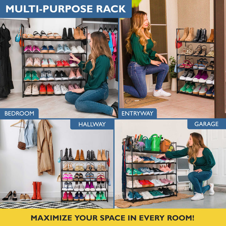 5 Tier, 36" Wide Metal Shoe Rack for Front Door Entrance, Sturdy Long Shoe Organizer for Closet, Bedroom, Entryway, Garage, Black Metal Shoe Shelf, Holds Up to 25 Pairs