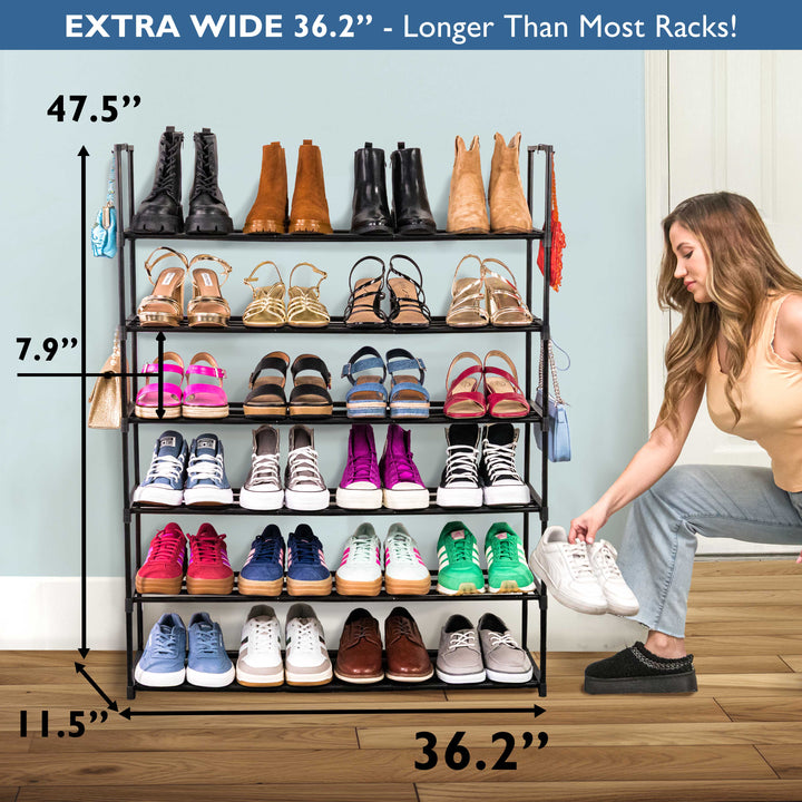 6 Tier, 36" Wide Metal Shoe Rack for Front Door Entrance, Sturdy Tall Shoe Organizer for Closet, Bedroom, Entryway, Garage, Black Metal Shoe Shelf, Holds Up to 30 Pairs