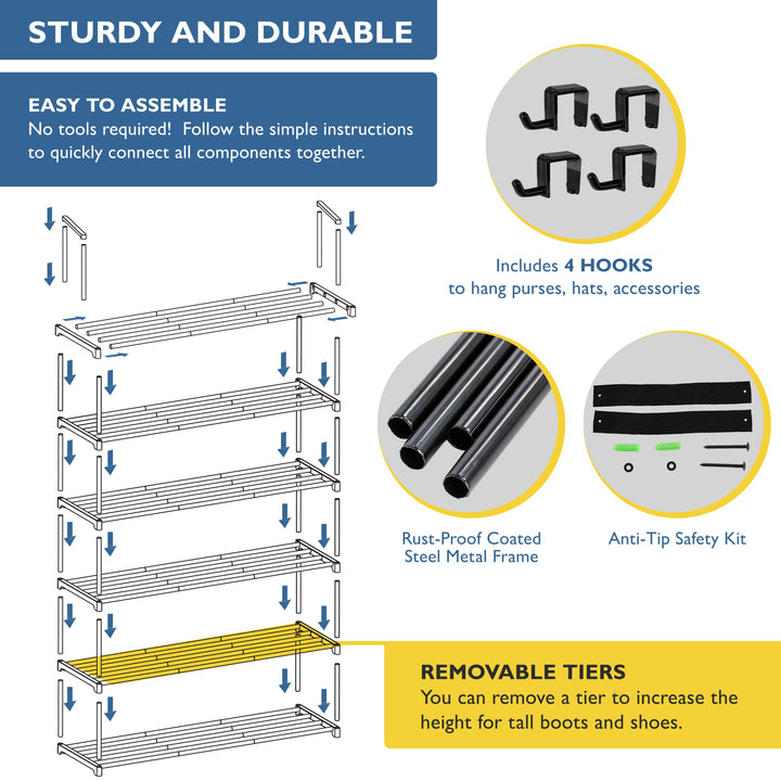 6 Tier, 36" Wide Metal Shoe Rack for Front Door Entrance, Sturdy Tall Shoe Organizer for Closet, Bedroom, Entryway, Garage, Black Metal Shoe Shelf, Holds Up to 30 Pairs