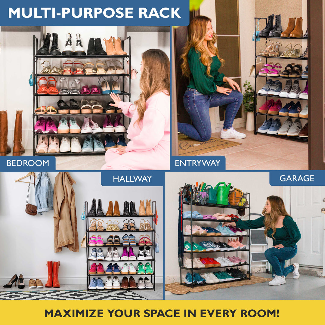 6 Tier, 36" Wide Metal Shoe Rack for Front Door Entrance, Sturdy Tall Shoe Organizer for Closet, Bedroom, Entryway, Garage, Black Metal Shoe Shelf, Holds Up to 30 Pairs