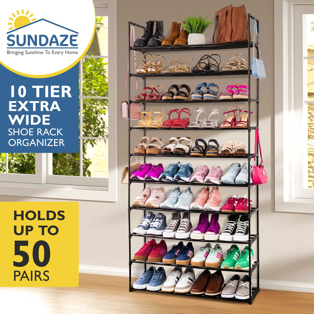 10 Tier, 36" Wide Metal Shoe Rack for Front Door Entrance, Sturdy Tall Shoe Organizer for Closet, Bedroom, Entryway, Garage, Black Metal Shoe Shelf, Holds Up to 50 Pairs