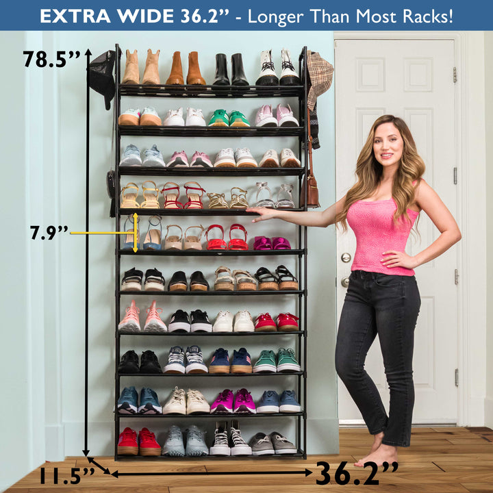 10 Tier, 36" Wide Metal Shoe Rack for Front Door Entrance, Sturdy Tall Shoe Organizer for Closet, Bedroom, Entryway, Garage, Black Metal Shoe Shelf, Holds Up to 50 Pairs