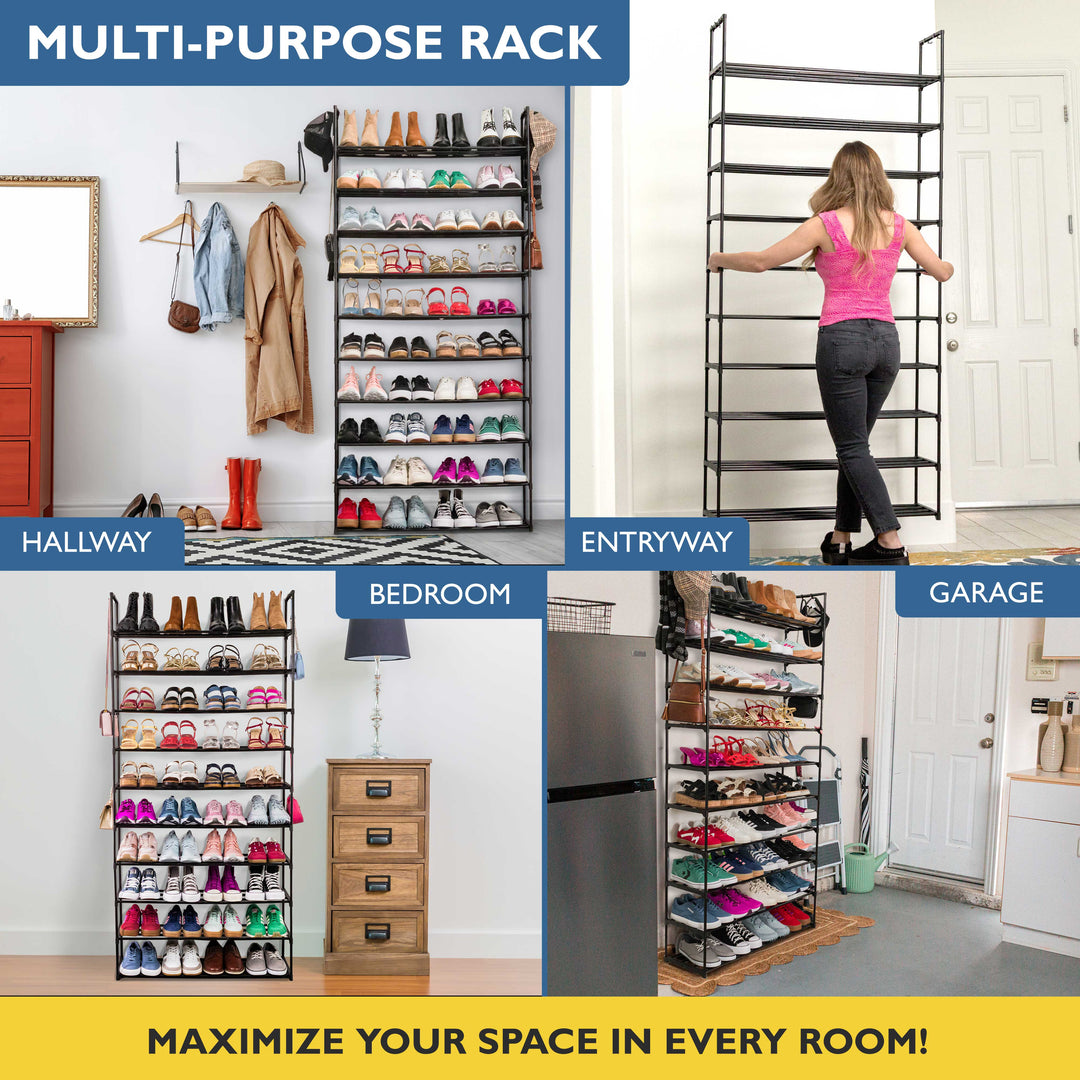 10 Tier, 36" Wide Metal Shoe Rack for Front Door Entrance, Sturdy Tall Shoe Organizer for Closet, Bedroom, Entryway, Garage, Black Metal Shoe Shelf, Holds Up to 50 Pairs